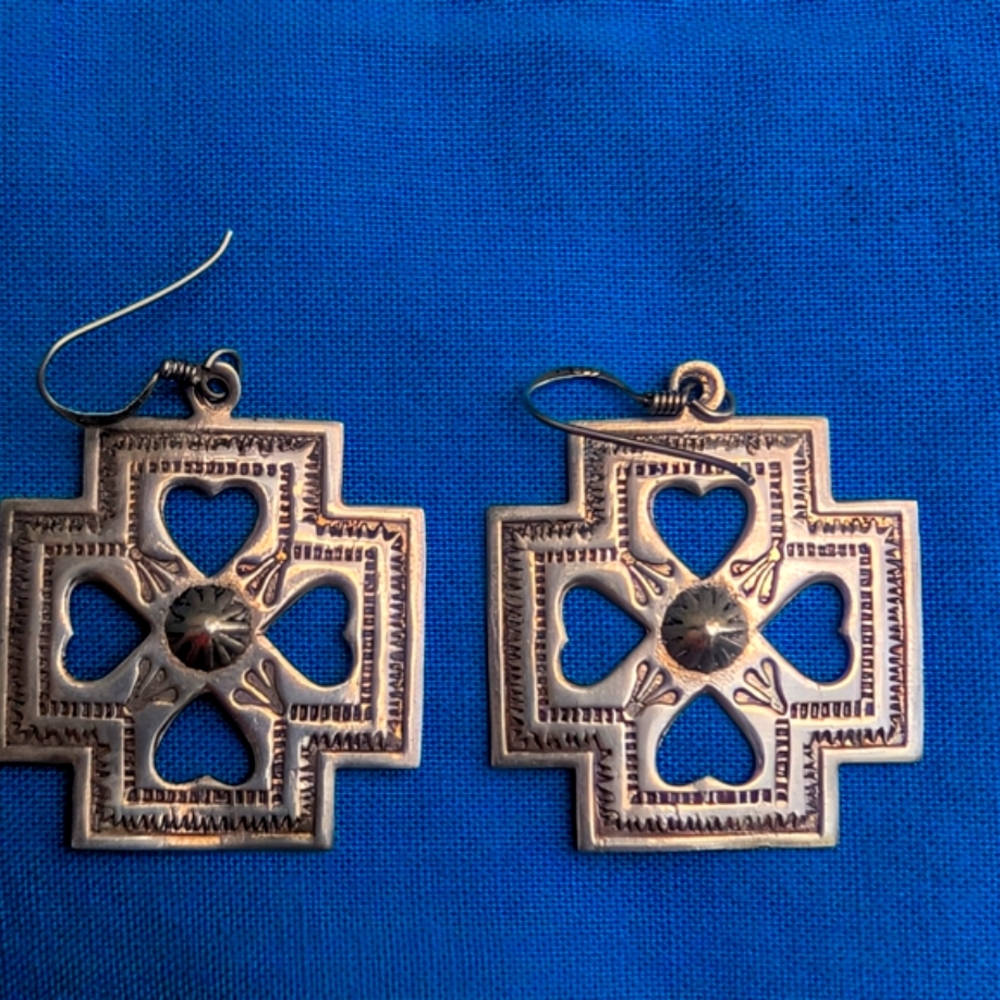 Wide Etched Sterling Silver Earrings Heart Cutouts